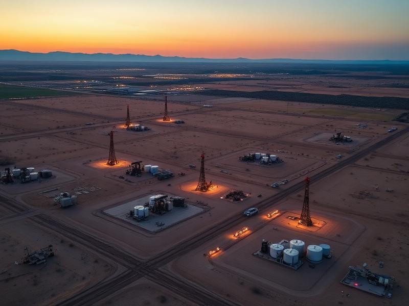 Delaware Basin well pads across desert mesa at dusk