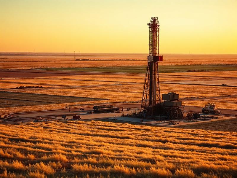 Oklahoma SCOOP STACK drilling pad on prairie at golden hour