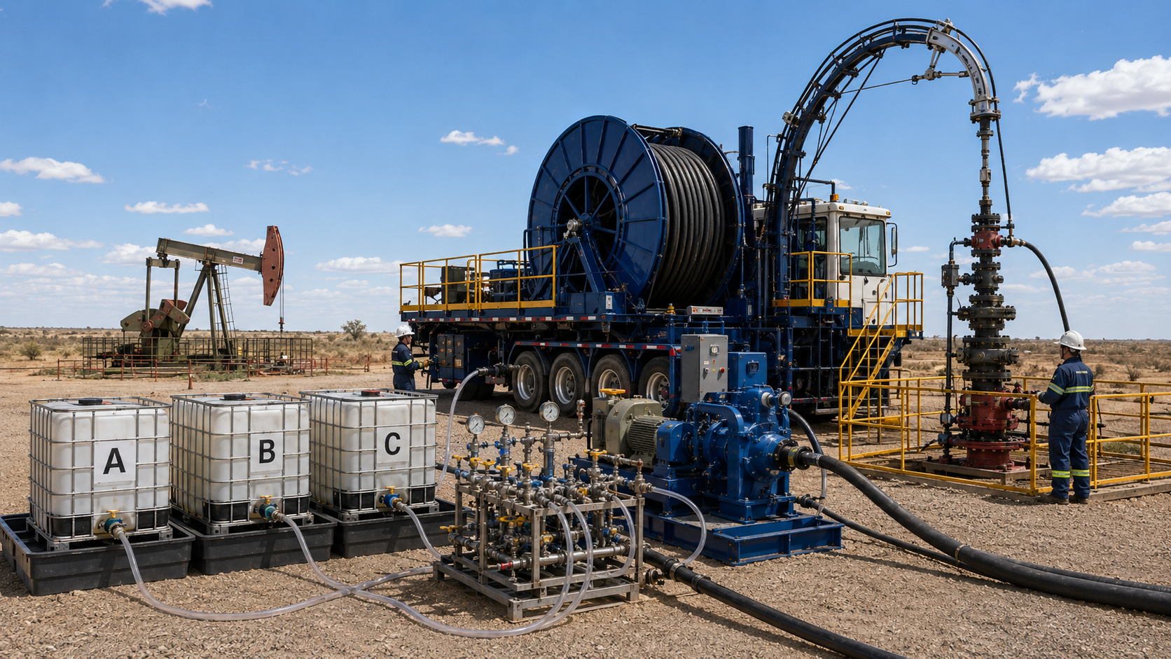 MPC field treatment setup: coiled tubing unit connected to wellhead with labeled chemical totes and pumpjack on a clear Texas day