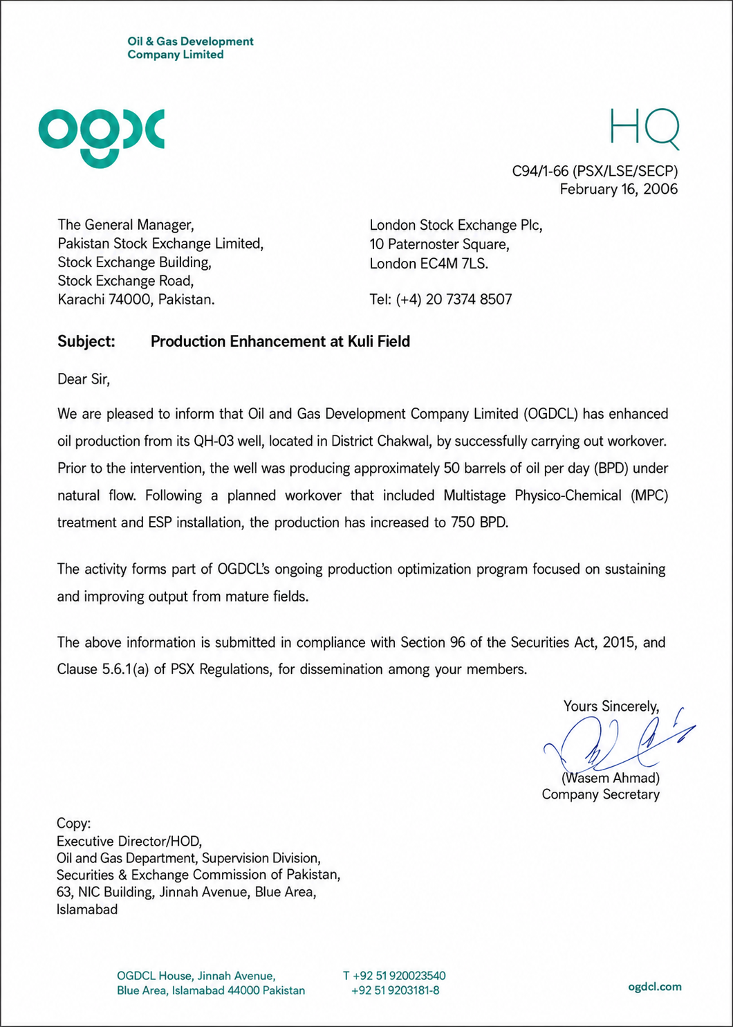 OGDCL regulatory disclosure letter to Pakistan Stock Exchange and London Stock Exchange regarding production enhancement at Kuli Field