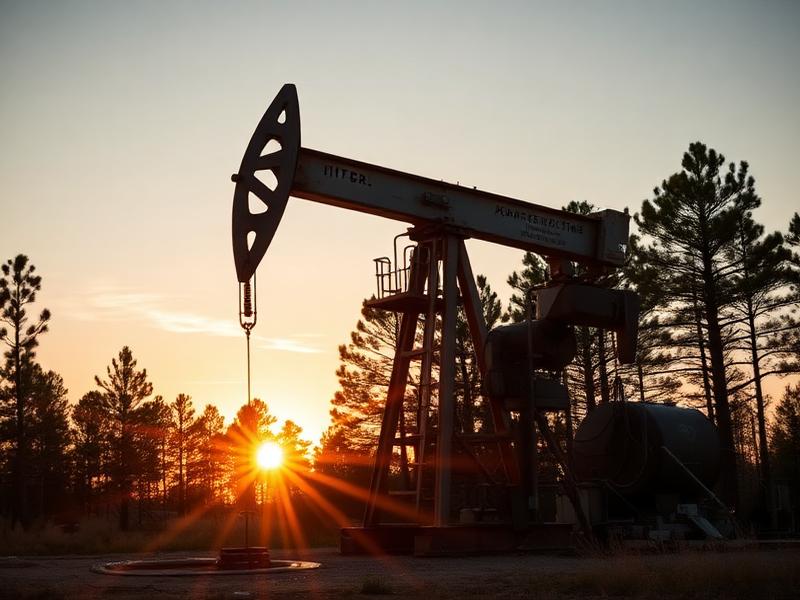 Vintage Texas pumpjack among pine trees at sunset