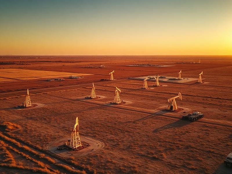 Aerial view of Midland Basin pumpjacks at golden hour
